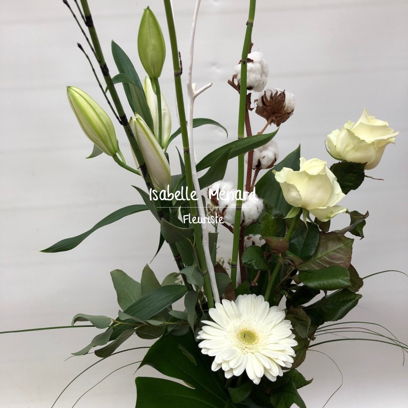 bouquet coton et fleurs blanches