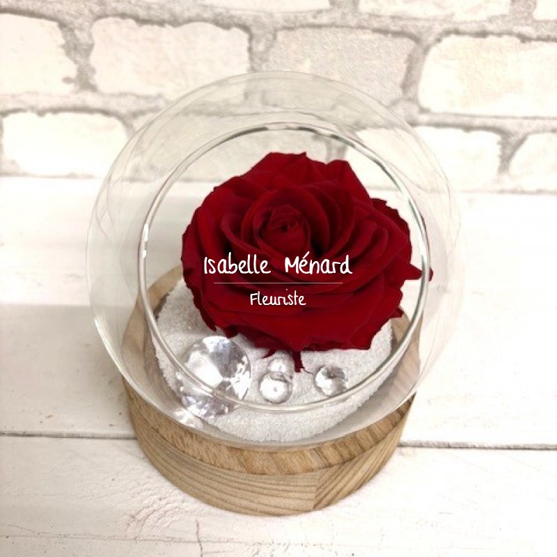 Rose éternelle dans vase boule support bois