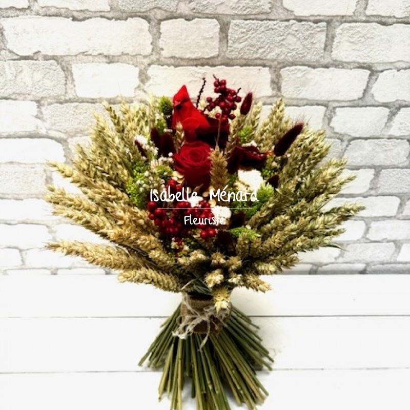 bouquet de fleurs séchées et sa rose éternelle rouge